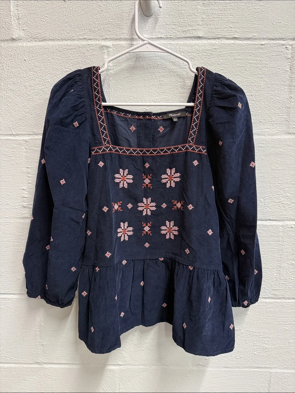 Madewell Navy Blouse with Pink Embroidery